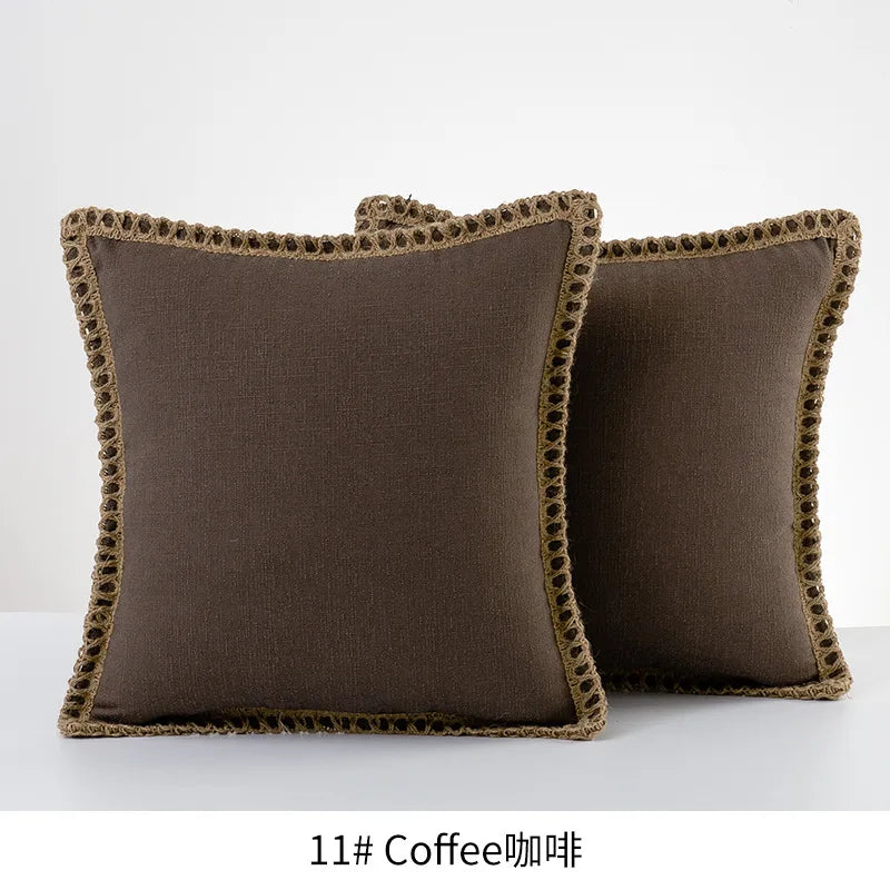Solid Color Cotton Linen Pillow Cover with Jute Rope Trim Boho Decorative 45x45cm Cushion Pillow Case for Sofa Bed Living Room